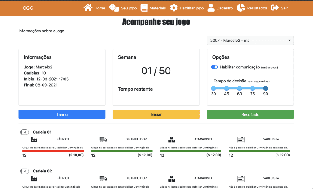 Painel de controle do instrutor